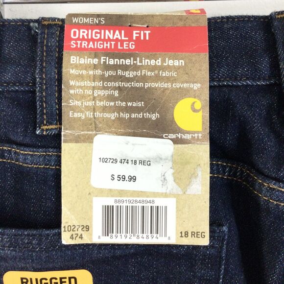 Carhartt Original Fit Straight Leg Blaine Flannel Lined Jeans Dark Bluestone 18 - Picture 5 of 11